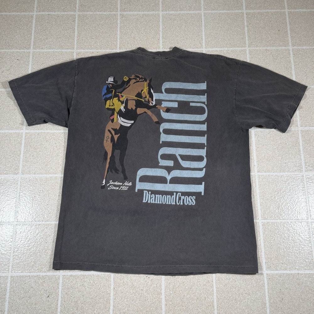 Vtg Diamond Cross Ranch Tshirt Adult XL Jackson Hole Wyoming Horse Rider Grey